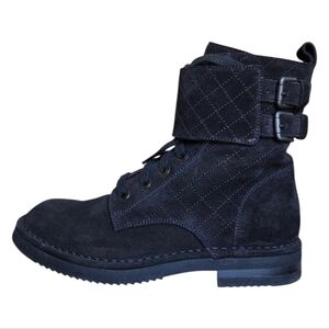 CHANEL Quilted Suede Combat Ankle Boots Black EU 37